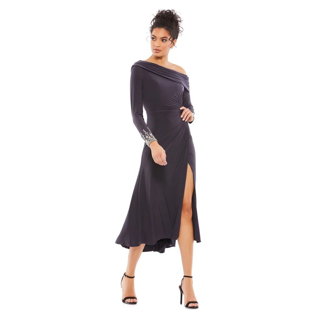 Mac Duggal 26485 Foldover Long Sleeve Jeweled Midi Dress in Charcoal 12 NWT - Picture 1 of 7